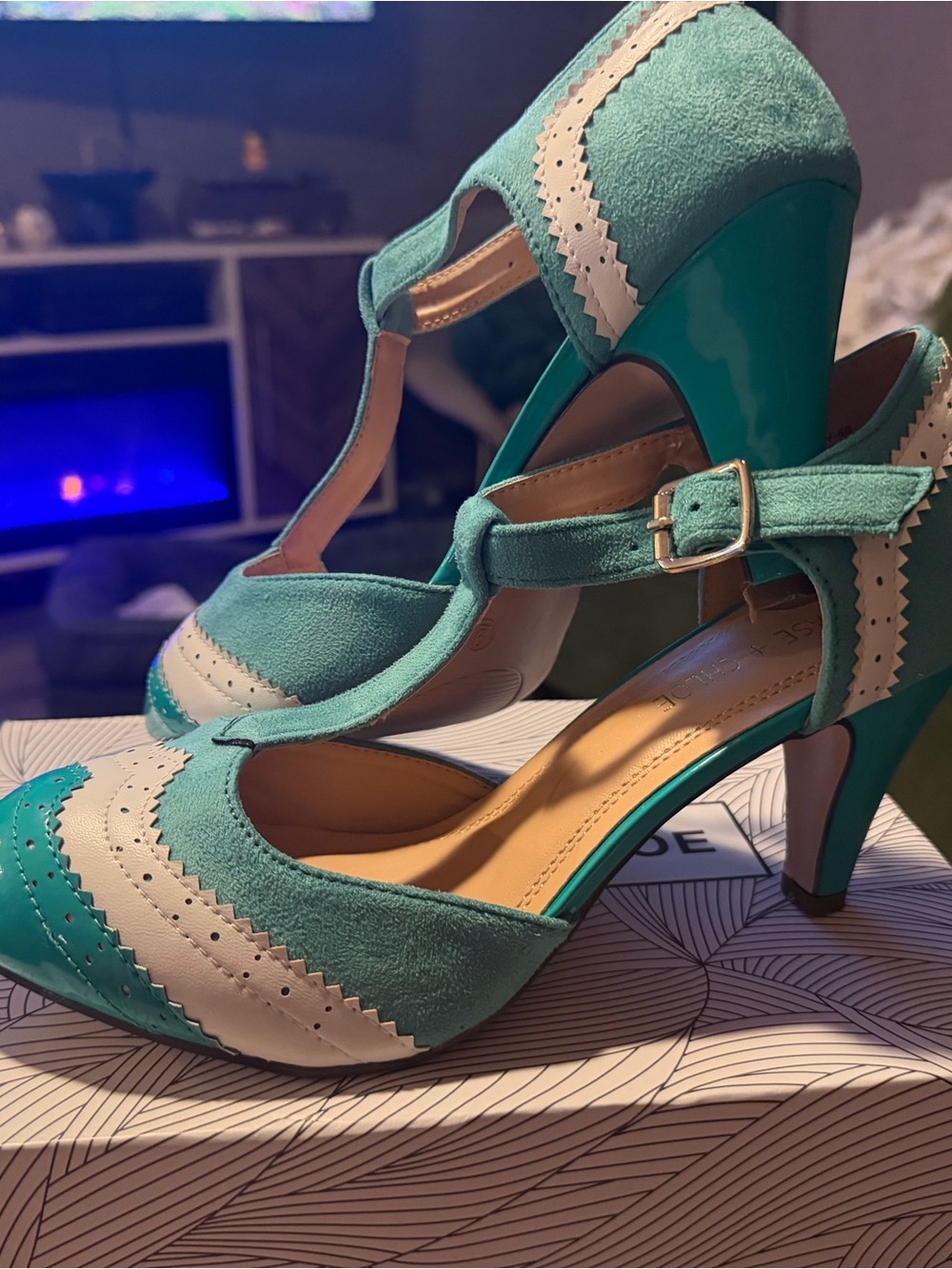 Chase + Chloe Teal and Cream Kimmy Style T-Strap Mid Heels